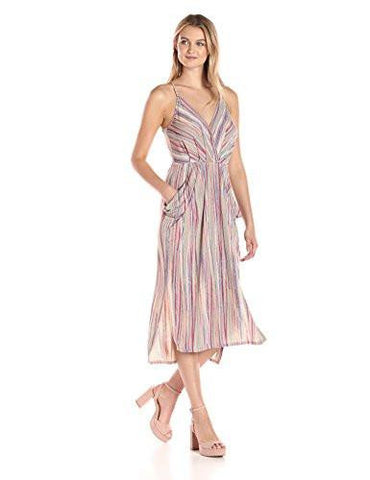 Bcbgeneration Stripe Midi Faux Wrap Dress Multi Color Combo Medium