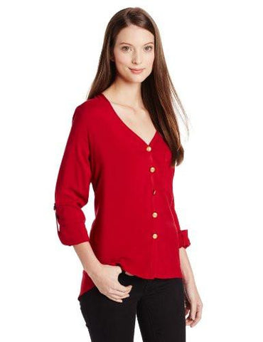 Karen Kane Rolled Sleeve Pocket Shirt, Red, Medium