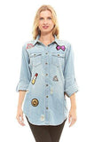 Red Jeans Denim Botton Down Shirt With Fashionable Patches