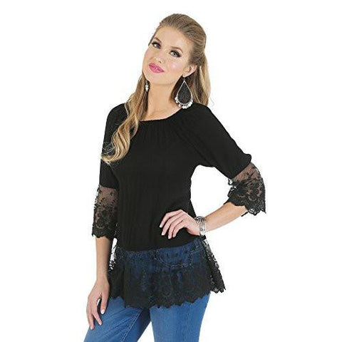 New Rock 47 Three Quarter Length Peasant Top Lace Trim Black S