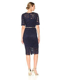 3/4 Sleeved Lace Dress With Self Belt, Navy, 14