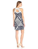 Diamond Print Cotton Jacquard Keyhole Back Halter Dress, Navy Ivory, 2