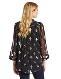 Rock 47 Three Quarter Sleeve Mandarin Collar Black Cross Print Shirt, Black, XSmall