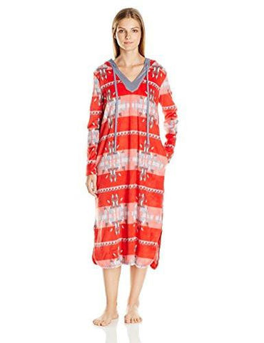 Long Hooded Sueded Micro Fleece Lounger, Red/Print, Small