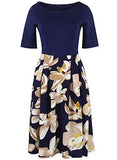 Oxiuly Patchwork Foral Pockets Puffy Swing Casual Party Dress Ox165 M Blue White