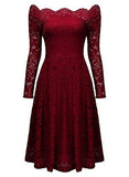 Missmay Vintage Floral Lace Long Sleeve Boat Neck Cocktail Formal Swing Dress Red Xxlarge