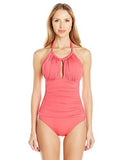 Kenneth Cole York Shirr Thing Hineck One Piece Swimsuit Melon Medium