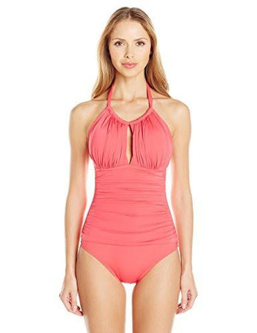 Kenneth Cole York Shirr Thing Hineck One Piece Swimsuit Melon Medium