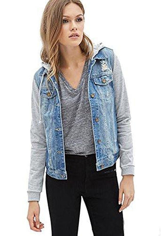Holdwell Short Denim Jacket With Drawstring Hood Small Grey