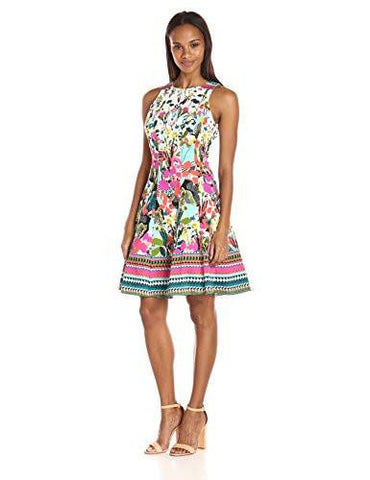 Fiesta Flower Cotton Fit And Flare, Cream/Violet/Capri, 8
