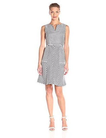 Taylor Dresses Placement Stripe Fit And Flare Belted Dress, Navy Cream, 10