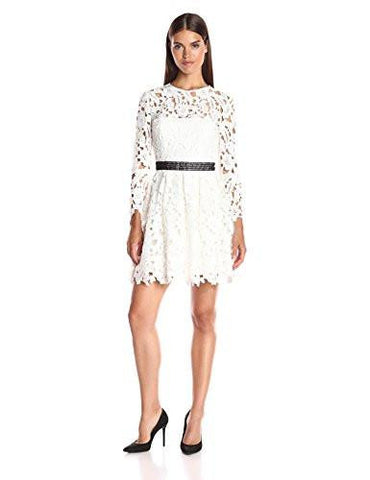 Lace Long Sleeve Fit And Flare Dress, White, 4