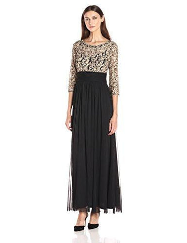 3/4 Sleeve Illusion Sweetheart Neck Ruched Waist Dress With Shirred Skirt, Black/Tan, 8