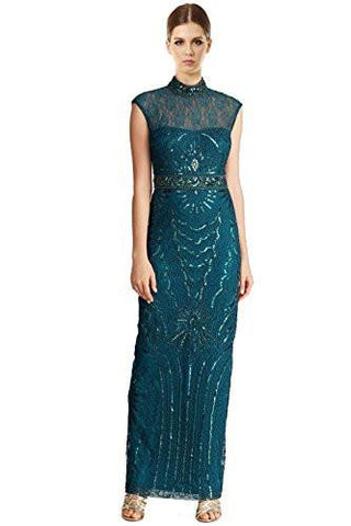 Lace Illusion Neck Embellished Column Evening Gown Dress