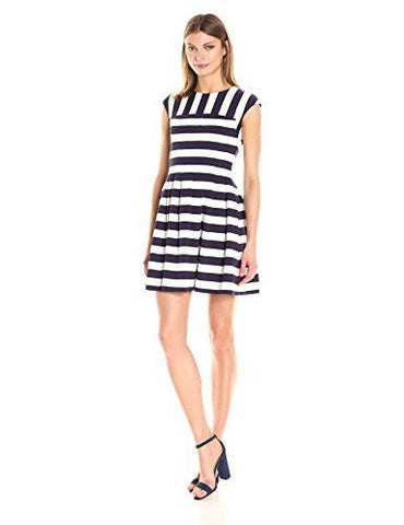 Vince Camuto Stripe Ponte Fit And Flare Dress Navy 14