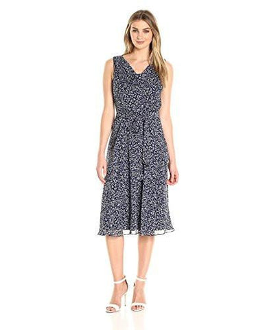Drape Neck Fit And Flare Dress, Navy/Ivory, 14