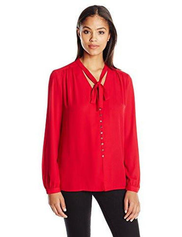 Karen Kane TieNeck ButtonFront Blouse, Red, L