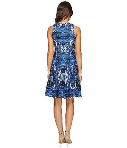 Maggy London Placed Flower Shield Printed Lace Fit And Flare, Soft White/Cobalt Blue, 10