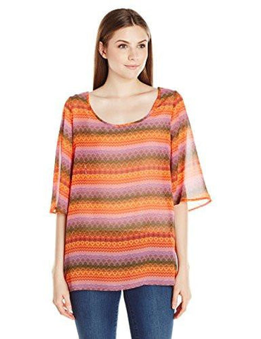 Rock 47 Flutter Sleeve Shirt, Orange/Purple/Brown Aztec Print, XLarge