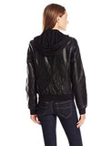 Faux Leather Bomber With Jersey Knit Hood, Black, Large