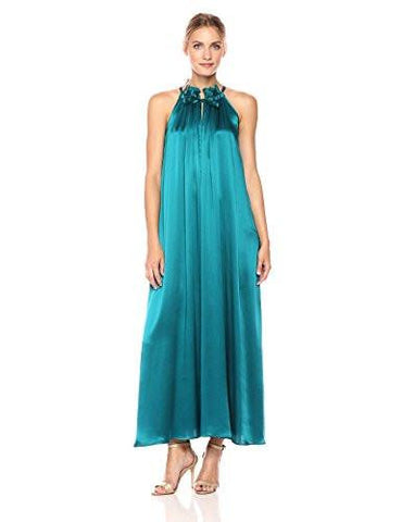 Silk Tie Neck Halter Gown, Teal, Xs