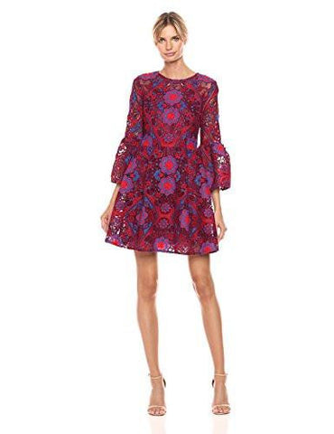 Floral Lace Bell Sleeve Dress, Red, 10