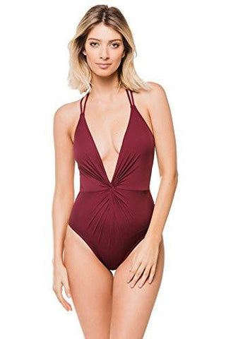 Kenneth Cole York Sexy Solid Twist Plunge One Piece Swimsuit Burgundy S
