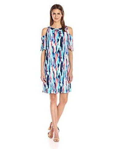 Nine West Cold Shoulder Trapeze Dress With Smocking Detail Candyice Blue Multi 10