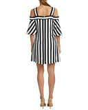 Cold Shoulder Flyaway Sleeve Stripe Dress, Navy White, 10
