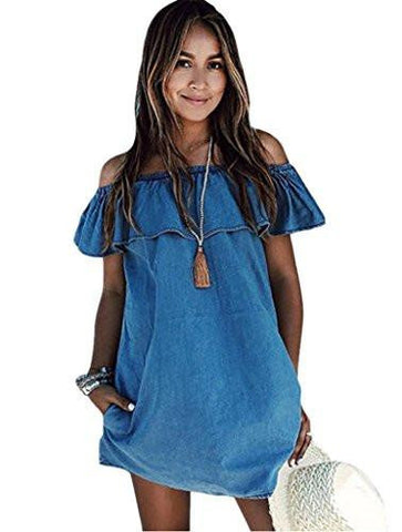 Abd Blue Jean Legging Off Shoulder Ruffle Short Sleeve Loose Mini Dress Xlarge Denim Blue