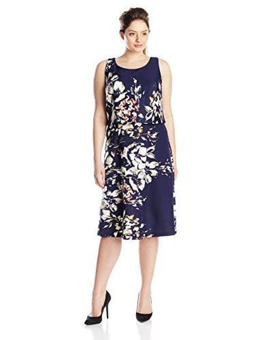 Taylor Dresses PlusSize Floral Printed Popover Midi Dress, Navy/Multi, 22W