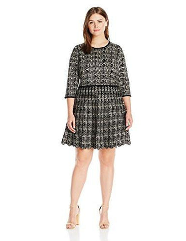Taylor Dresses Plus Size 3/4 Sleeve Printed Fit And Flare Sweater Dress, Black/Ivory, 2X