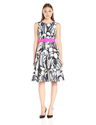 Fit And Flare With Belt, Navy/Ivory, 10