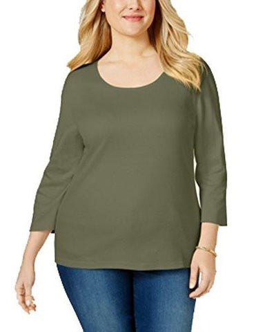 Plus Solid 3/4 Sleeves Casual Top Green 2X