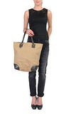 Beige Canvas Leather Trimmed Ssima Print Tote Shoulder Bag