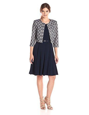 3/4 Sleeve Trapunto Jacket Dress, Navy/Tan, 6