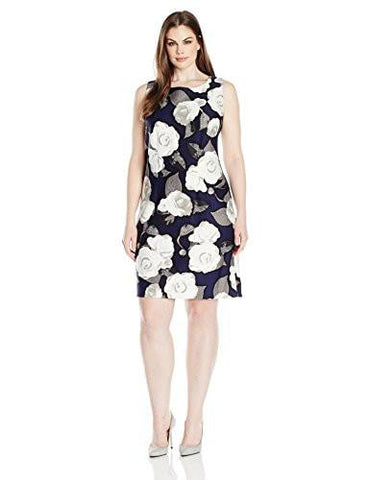Taylor Dresses Plus Size Moonlight Rose Stretch Crepe Sheath Dress, Navy Grey/Black, 18W