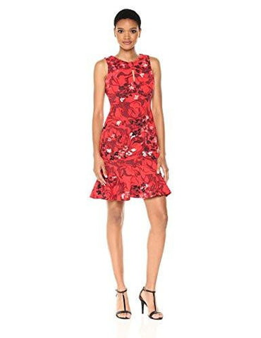 Flounce Bottom Cascading Floral Print Sheath, Crimson Red, 12