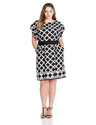 Plus Size Printed Dress With Obi Belt, Black, 22W