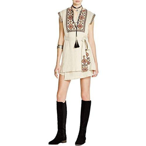 Running Wild Embroidered Pintuck Wrap Dress Tan S