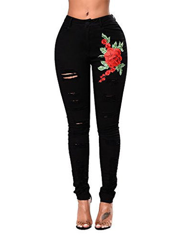 Rose Embroidered High Waist Ripped Skinny Jeans Distressed Denim Pants