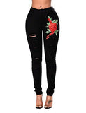 Rose Embroidered High Waist Ripped Skinny Jeans Distressed Denim Pants