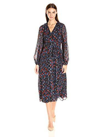 Folky Floral Printed Soft Fil Coupe Boho Wrap Dress With Open Back, Black, 12