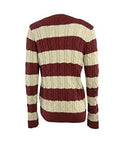 Round Neck Cable Knit Sweater L, Burgundy/Sand