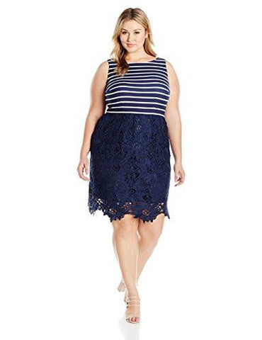 Taylor Dresses Plus Size Fit And Flare Mixed Media Lace Skirted Party Dress, Navy Cream, 18W