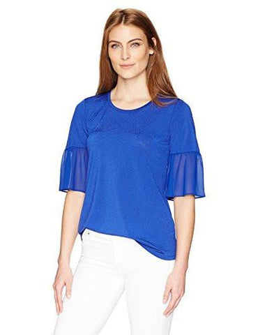 Ellen Tracy Mixed Media Flounce Sleeve Top, Azure, M