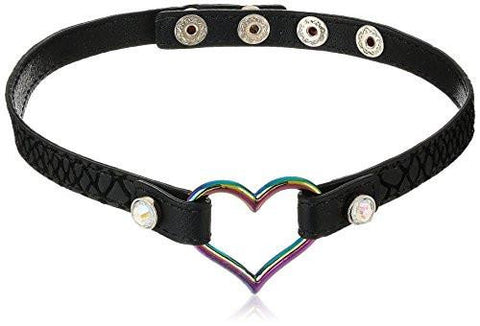 Harlem Black Leather With Oil Slick Heart Choker Necklace, 15.5