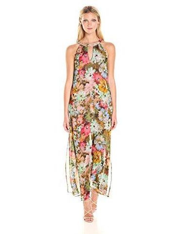 Vintage Floral Tie Neck Chiffon Maxi Dress, Baked Coral, 12