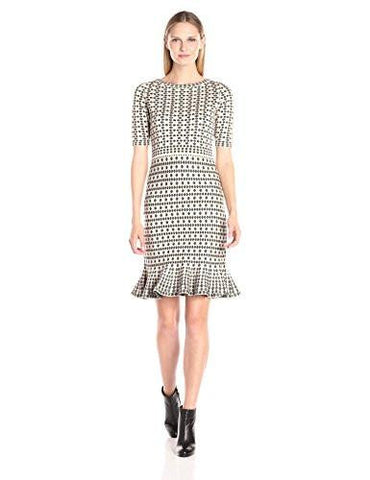 Taylor Dresses Short Sleeve Body Con Sweater Knit Dress With Flounce At Bottom, Black Taupe, XLarge