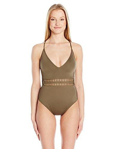Kenneth Cole York Weave Your Own Way Solid Plunge Mio Sexy One Piece Swimsuit Olive M